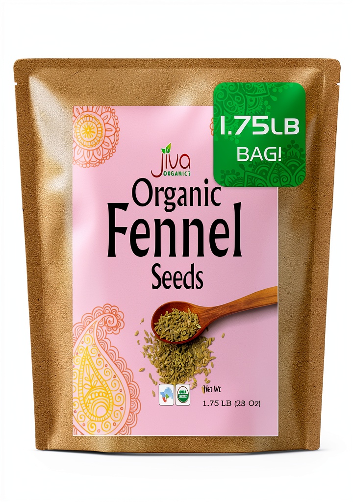 Opening Jiva Organics organic fennel seeds bulk bag on a kitchen counter