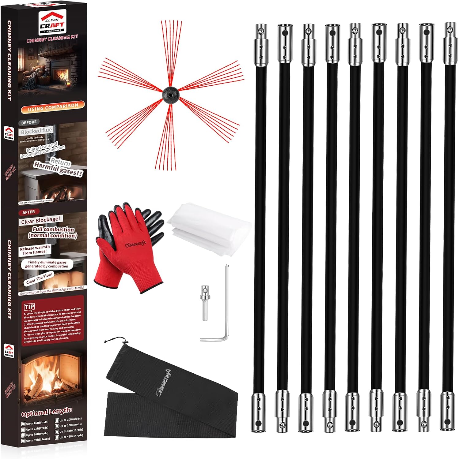 'Cleancraft chimney brush kit with flexible rods and locking mechanism'